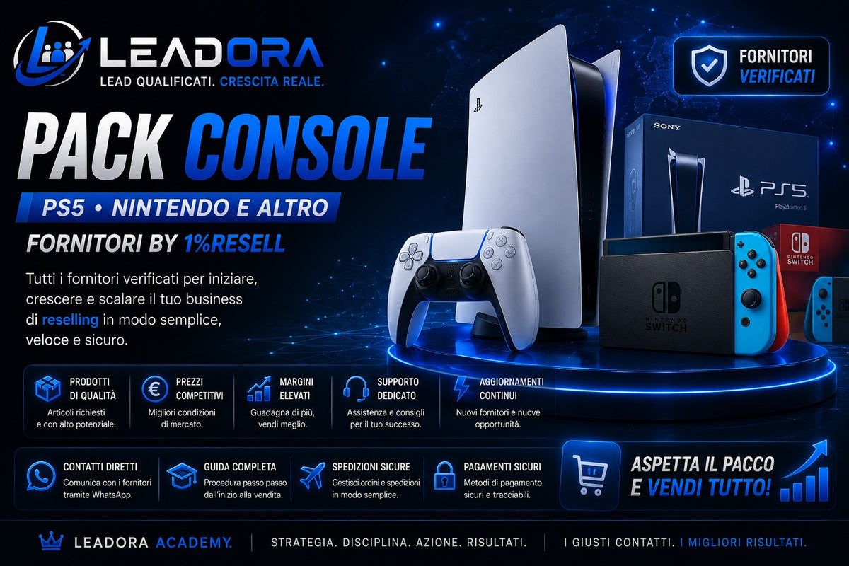 LEADORA® Pack Fornitori Console | PS5, Nintendo e Accessori | Contatti Verificati + Guida Completa al Reselling