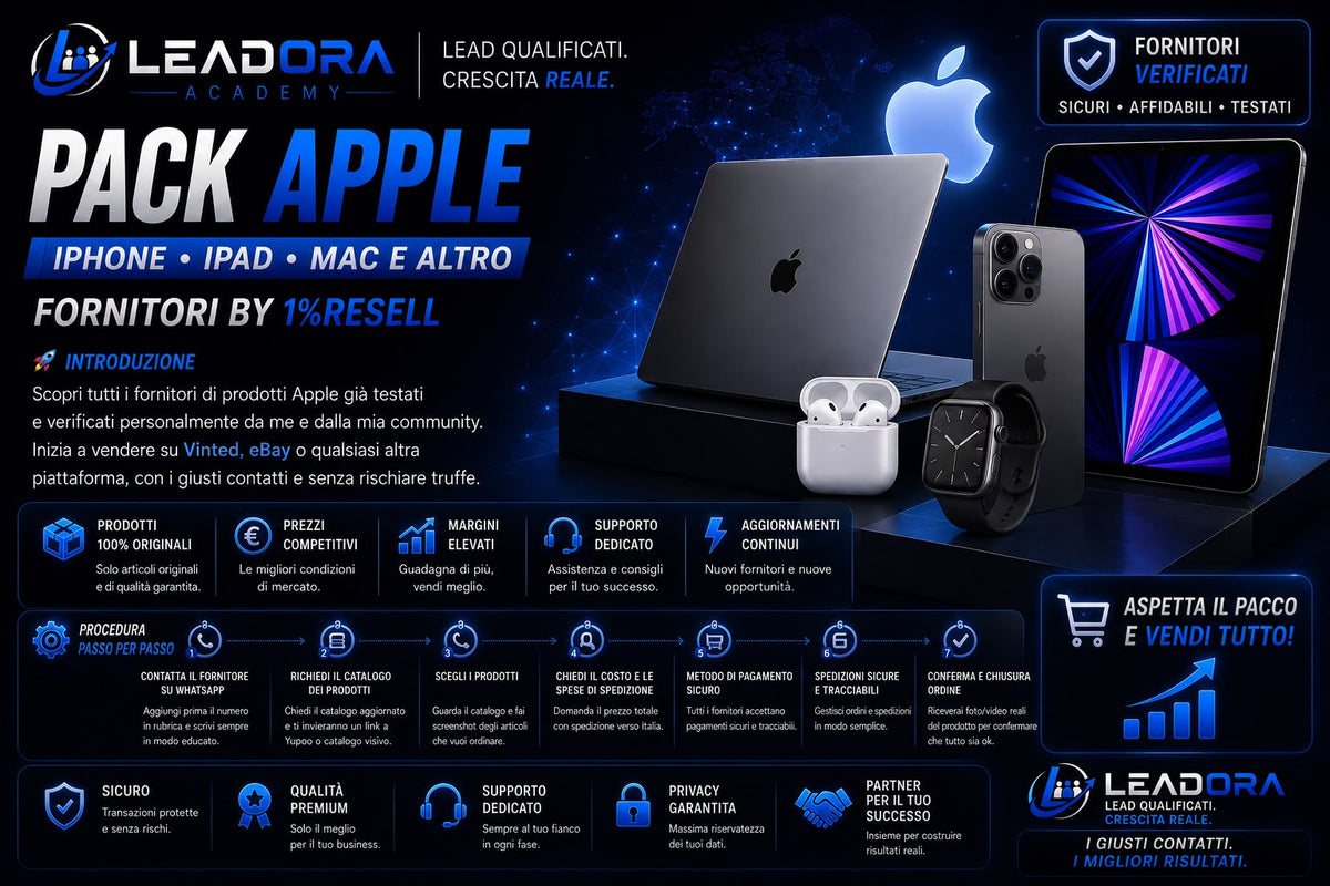 LEADORA® Pack Fornitori Apple | iPhone, iPad, Mac, AirPods e Accessori | Contatti Verificati + Guida Completa